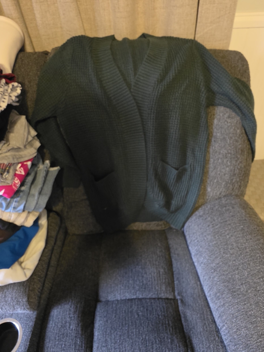 SHEIN Dark Green Open-Front Knit Cardigan with Pockets
